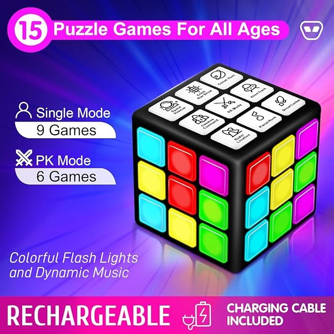 Rechargeable Handheld Cube with Games - 15 Fun Brain & Memory Games with Score Screen for Kids Teens - Christmas Easter Birthday Gifts for Boys Girls Ages 6-12+ Years Old (Black)