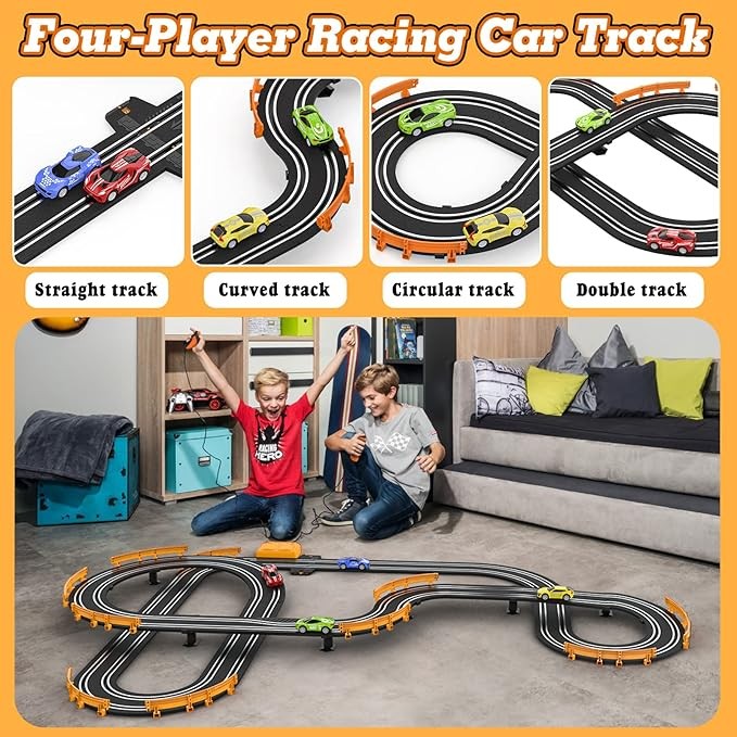 Slot Car Race Track Sets with 4 High-Speed Racing Car, Battery or Electric Race Car Track for Boys and Kids, Dual Racing Game Lap Counter Circular Overpass Track, Gifts Toys for Boys Kids Age 6 7 8-12