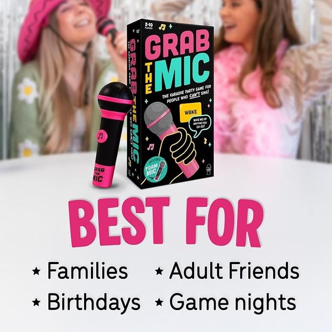Lucky Egg Official Grab The Mic – Family Karaoke Board Game w/Foam Mic, 8+ Ages, 2-10 Players - Games for Bad Singers w/ 240 Lyrics (120 Cards) (First Edition)