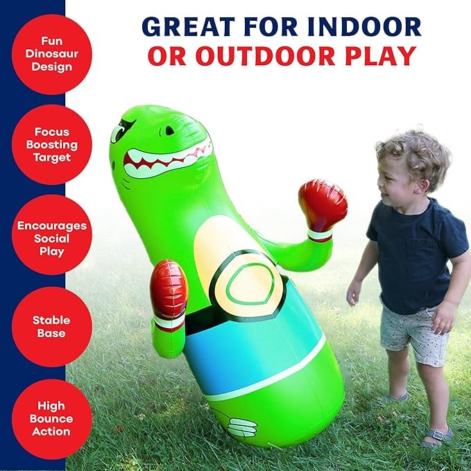 47" Inflatable Dinosaur Punching Bag for Kids - Durable Blow Up Kids Punching Bag with Bounce Back Base - Inflatable Indoor Outdoor Active Toddler Bop Play Toy