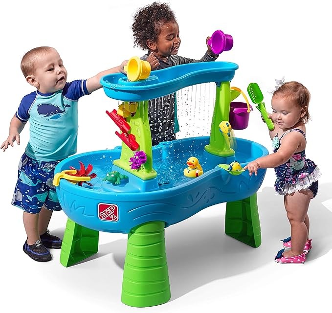 Step2 Rain Showers Splash Pond Water Table, Kids Water and Sand Activity Sensory Playset, Summer Outdoor Toys, 13 Piece Water Toy Accessories, For Toddlers 1.5+ Years Old, Blue & Green